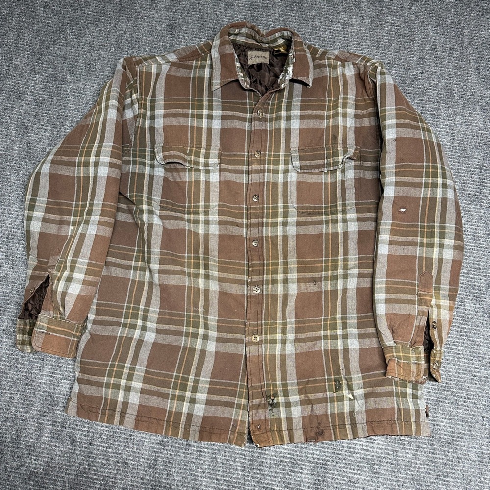 Mens St Johns‎ Bay Flannel Lined Plaid Button Up Shirt Jacket Large Brown Green